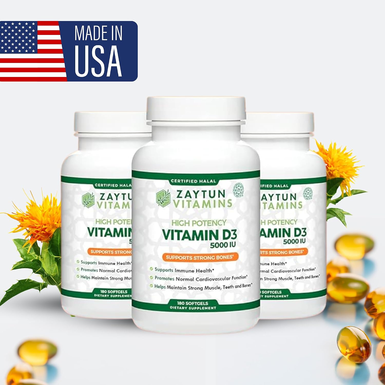 Zaytun Halal Vitamin D3 5000 IU, 6-Month Supply, Contributes to Normal Bones, Muscle Function and Immune Health, Premium Vitamin D from Safflower Oil, Non-GMO, Gluten-Free, 180 Mini Softgels - görsel 8