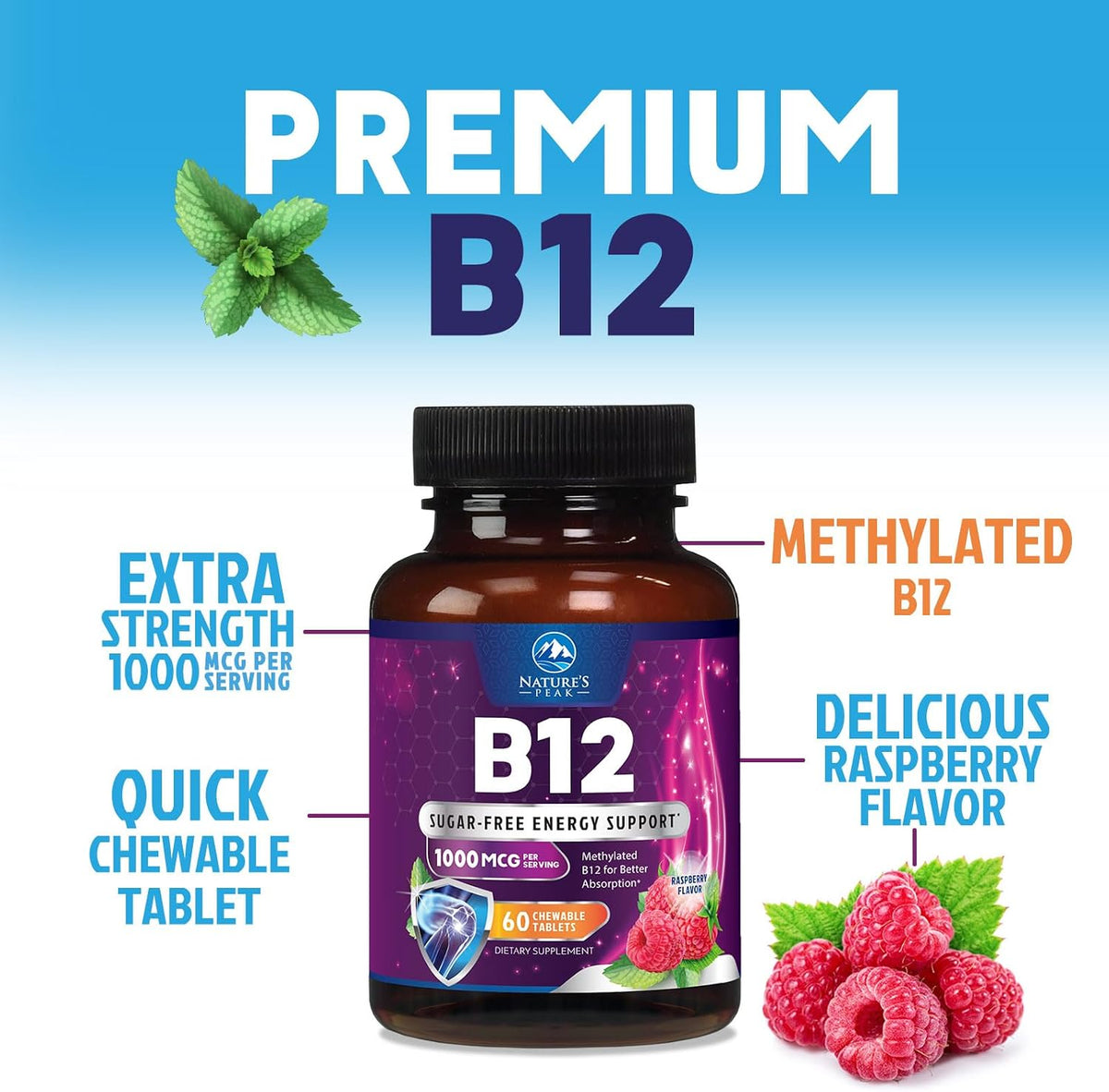 Nature's Peak Vitamin B12 Complex (Methylcobalamin) 1000 mcg - Chewable Tablets, Berry Flavour - 60 Tablets - görsel 6