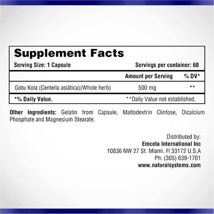 Centella Asiatica 500 mg, 60 Capsules – Gotu Kola Herbal Supplement by Natural Systems