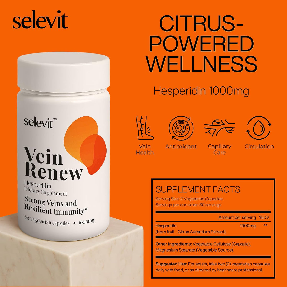 Vein Renew (Hesperidin) 1000mg - 60 Vegan Capsules, Food Supplement, Natural Antioxidant, General Wellness & Circulation Support, 30-Day Supply, GMP-Certified, Made in the USA - görsel 2