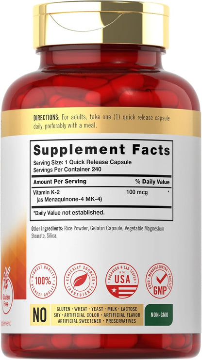Carlyle Vitamin K2 Food Supplement 100 mcg, MK-4, 240 Capsules - Non-GM & Gluten-free