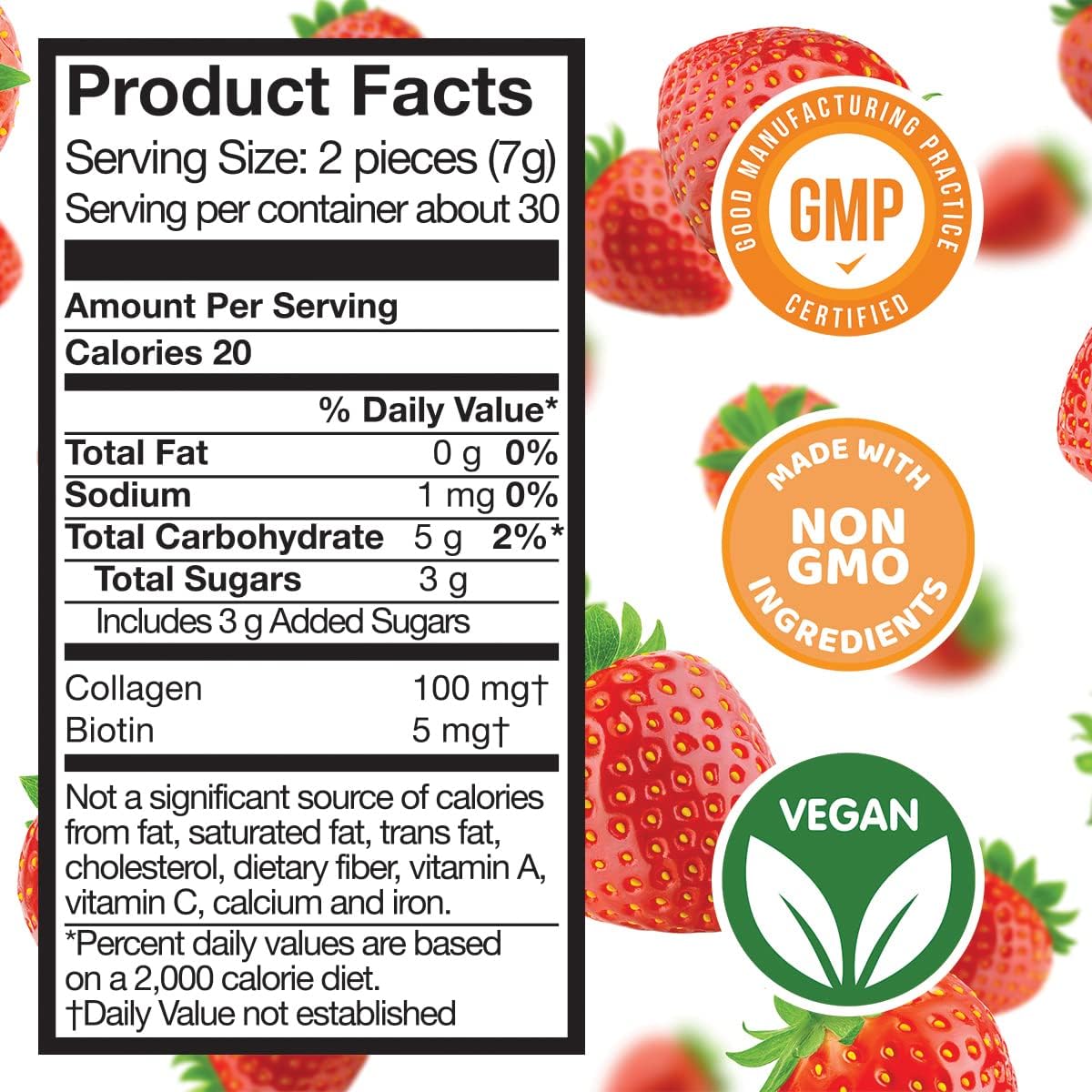Collagen Biotin Gummies - Supports Hair, Skin & Nails, Vegan, Non-GMO, Gluten-Free, Strawberry Flavour, 60 Gummies - görsel 4