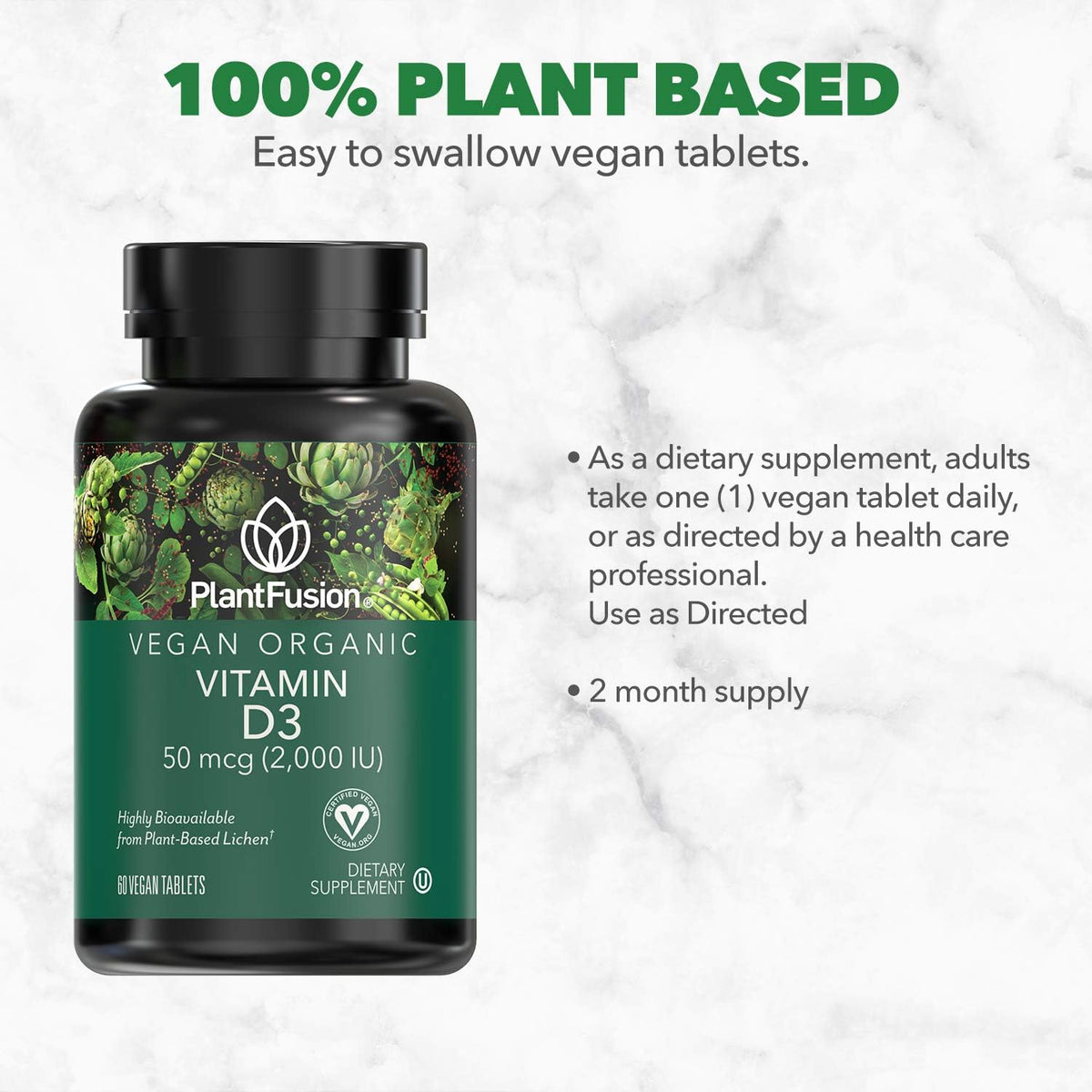 PlantFusion Vegan Vitamin D3 2000IU – Organic Vitamin D3 from Lichen, 60 Tablets - görsel 2
