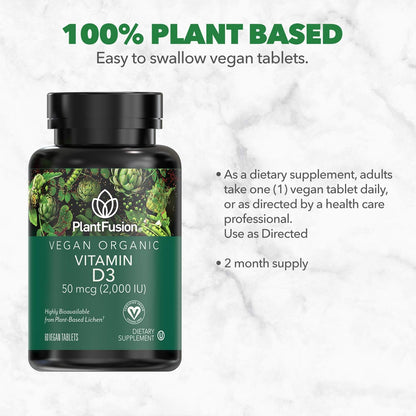 PlantFusion Vegan Vitamin D3 2000IU – Organic Vitamin D3 from Lichen, 60 Tablets