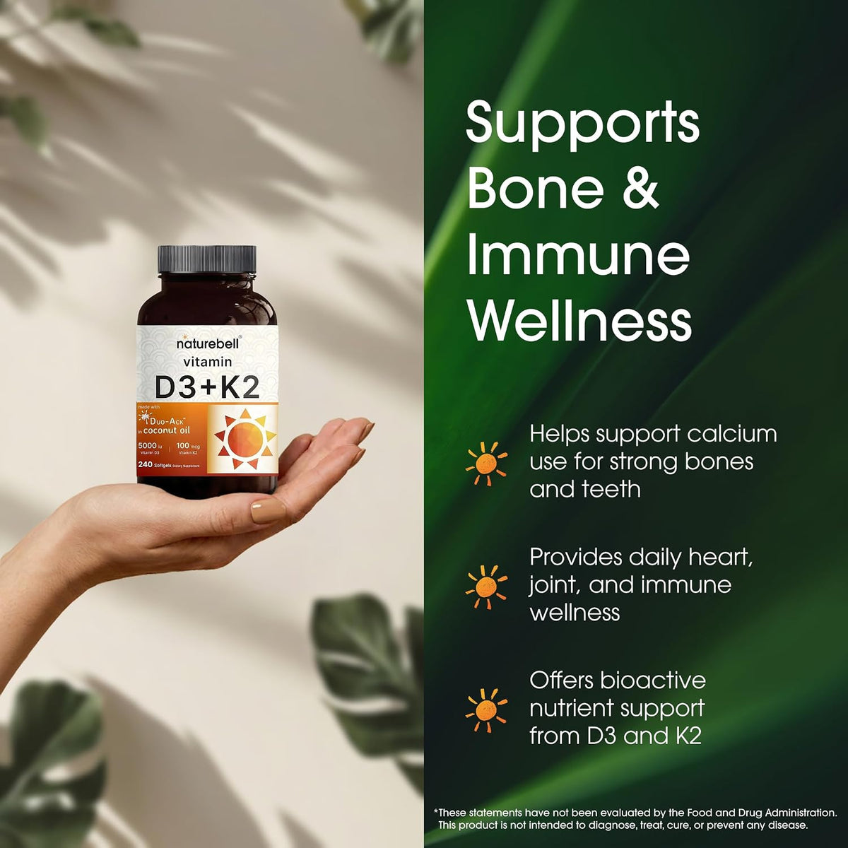 NatureBell Vitamin D3 K2 Supplement - 5000 IU D3 & 100mcg K2 MK-7 with Coconut Oil - 240 Softgels - görsel 4