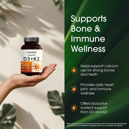 NatureBell Vitamin D3 K2 Supplement - 5000 IU D3 & 100mcg K2 MK-7 with Coconut Oil - 240 Softgels