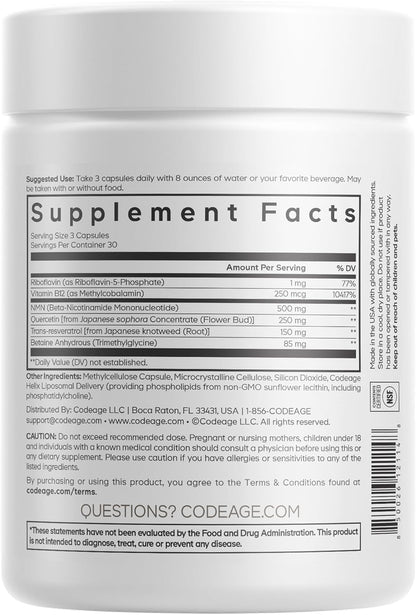 Codeage Liposomal NMN Platinum – 500 mg NMN Food Supplement with Resveratrol, Quercetin, and B Vitamins