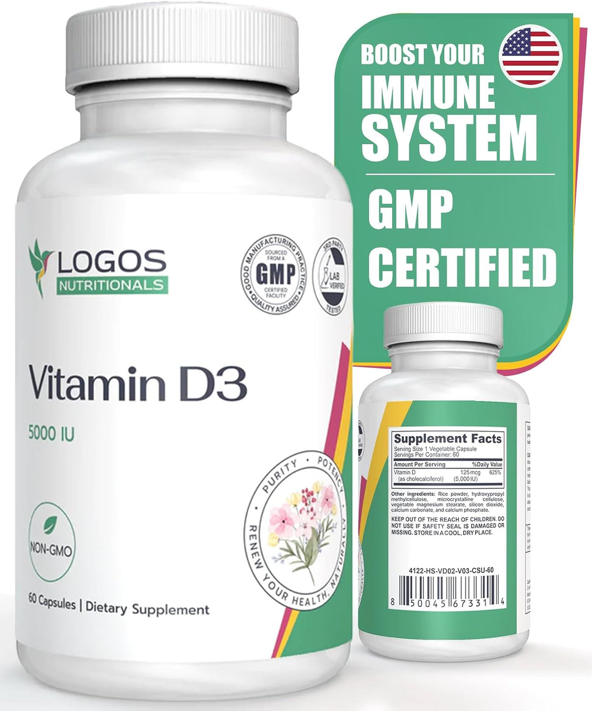 logos nutritionals Vitamin D3 5000 IU Food Supplement - 60 Capsules - görsel 1
