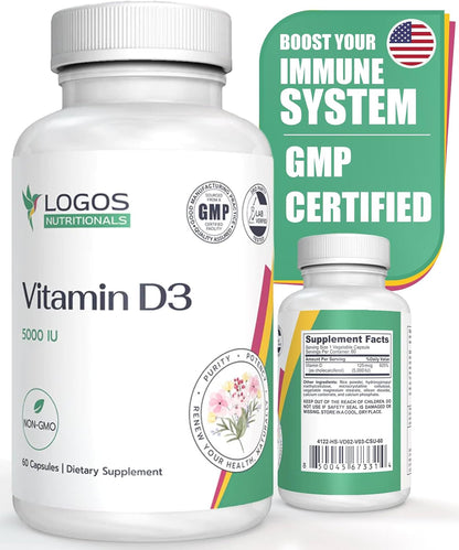 logos nutritionals Vitamin D3 5000 IU Food Supplement - 60 Capsules