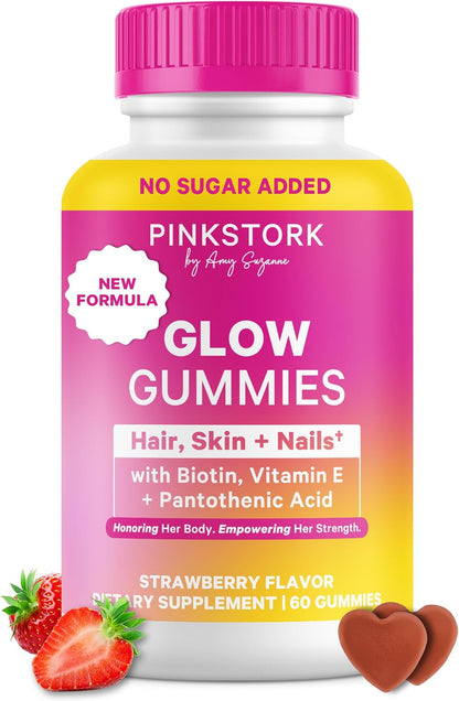 Pink Stork Total Glow Gummies for Women – Hair, Skin and Nails Vitamin with Biotin and B-Complex – 60 Berry Gummies