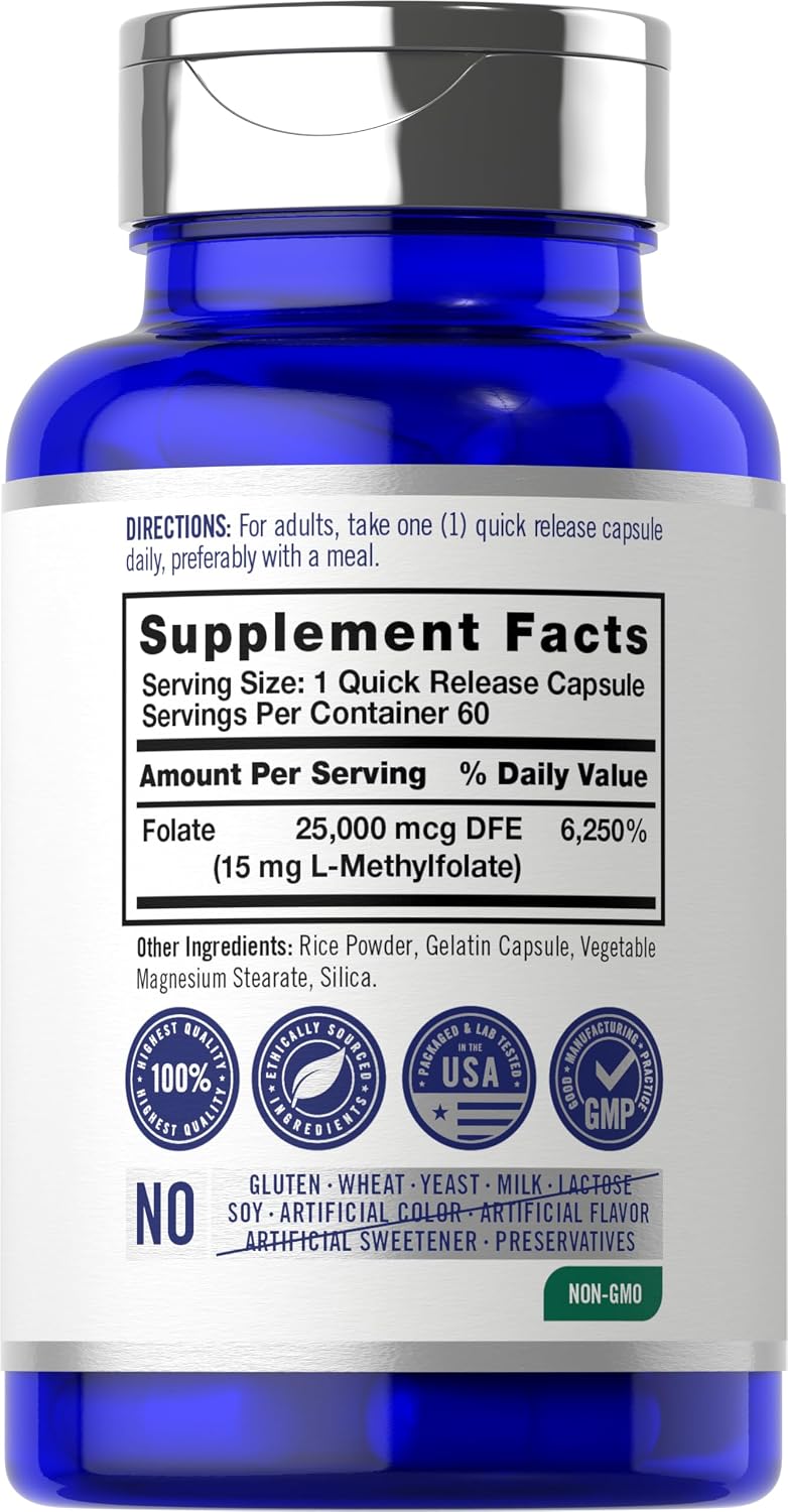 Carlyle L-Methylfolate 15 mg, 60 Capsules - Active Folate (5-MTHF) - Non-GMO, Gluten-free - görsel 2