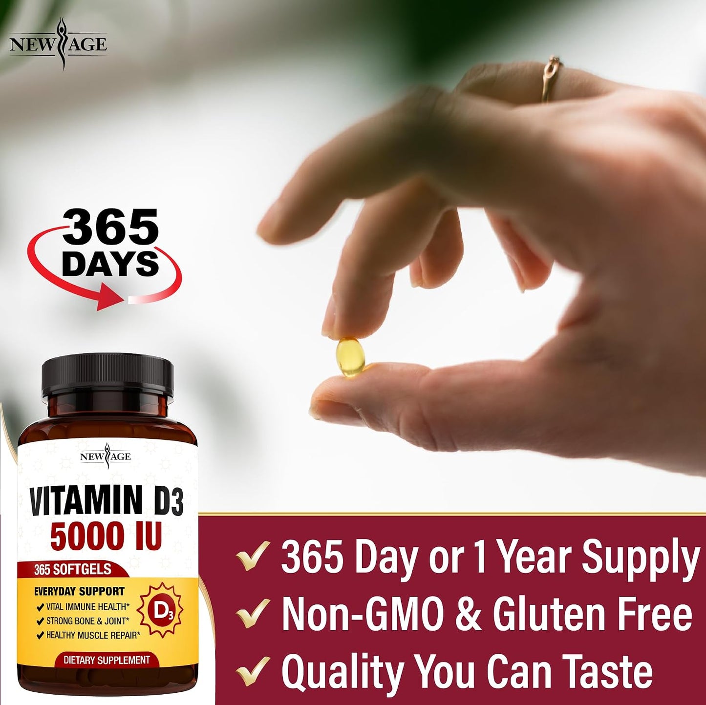NEW AGE Vitamin D3 5000 IU 125mcg Soft gel capsules - Immune Support and Bone Health, Non-GMO, Gluten-free, 1 Year's Supply (360 Soft gel capsules) - görsel 5