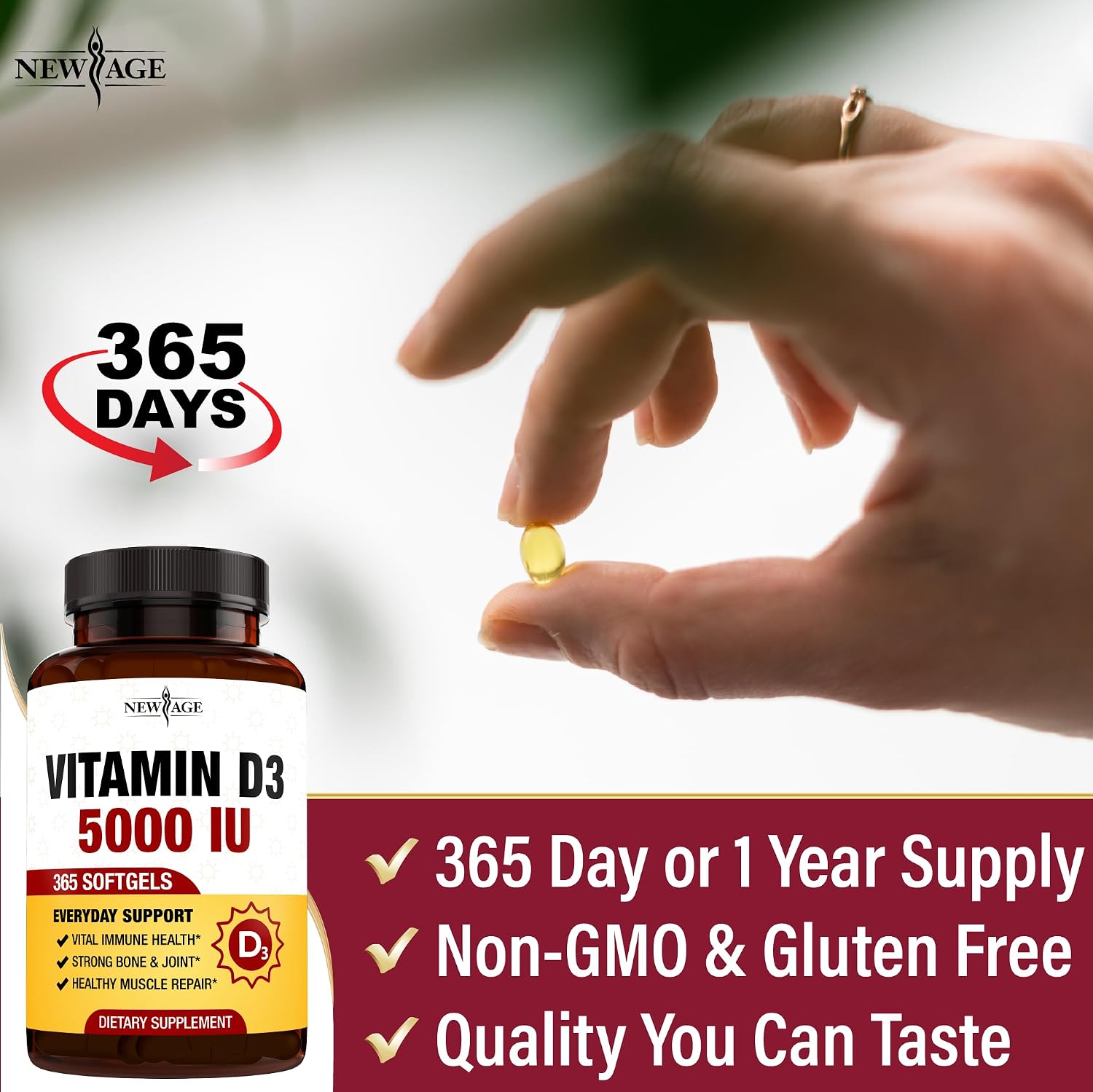 NEW AGE Vitamin D3 5000 IU 125mcg Soft gel capsules - Immune Support and Bone Health, Non-GMO, Gluten-free, 1 Year's Supply (360 Soft gel capsules) - görsel 5