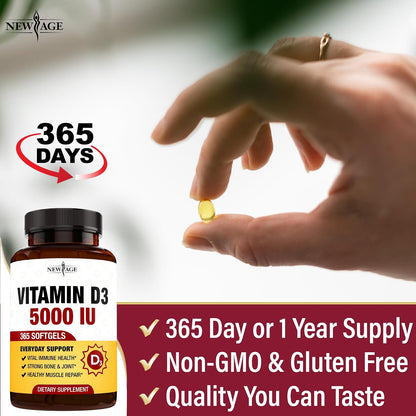 NEW AGE Vitamin D3 5000 IU 125mcg Soft gel capsules - Immune Support and Bone Health, Non-GMO, Gluten-free, 1 Year's Supply (360 Soft gel capsules)