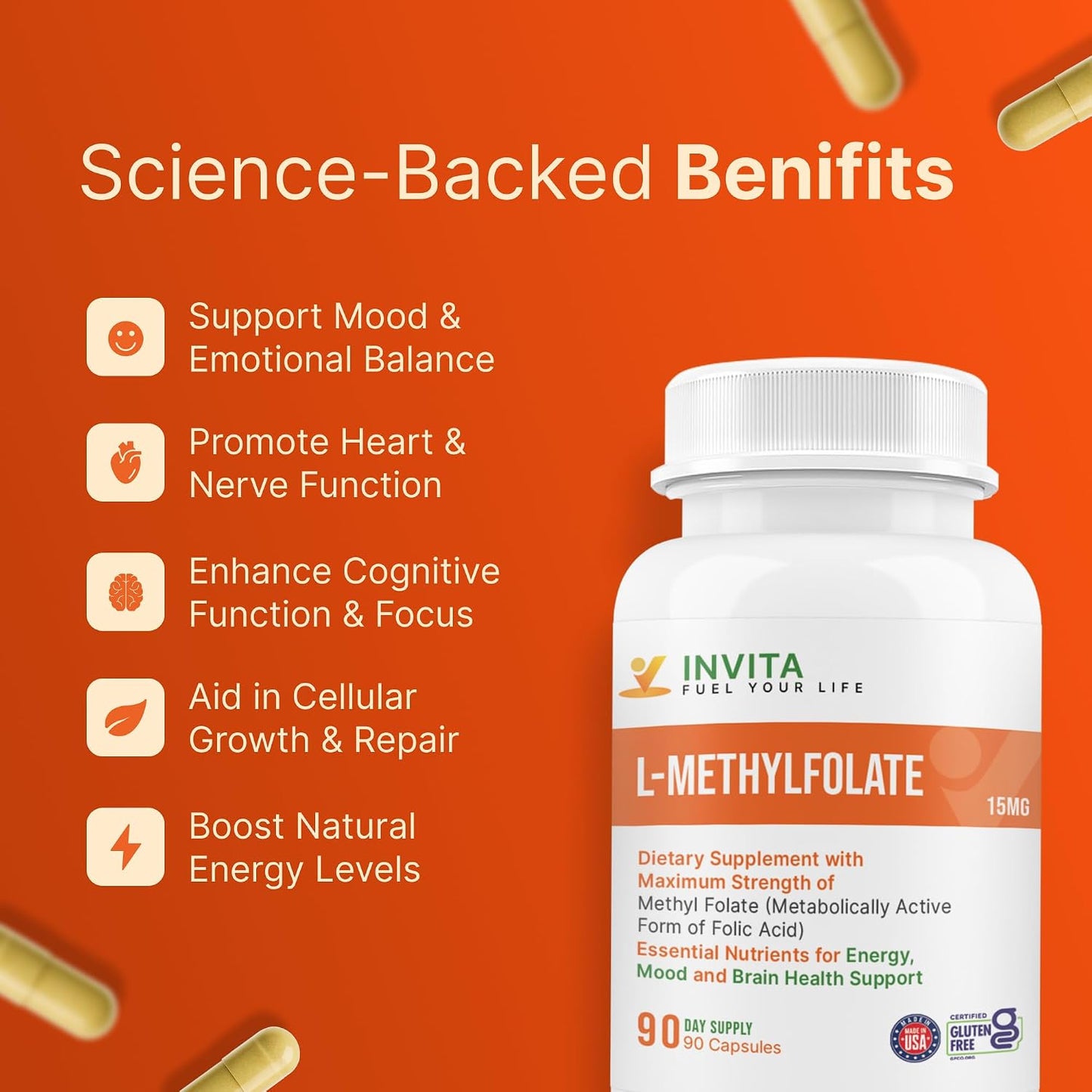 INVITA L-Methylfolate 15mg – Physician Formulated Active Methyl Folate - 5-MTHF Supplement for Energy, Mood & Brain Health Support - Non GMO, Gluten-free, 90 Capsules (3 Month Supply) - görsel 5