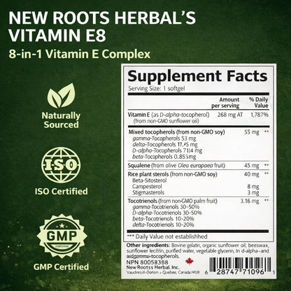 NEW ROOTS HERBAL Vitamin E Capsules (400 IU), Vitamin E8 Supplement with All 8 Tocopherols & Tocotrienols for Women and Men (120 Softgels)