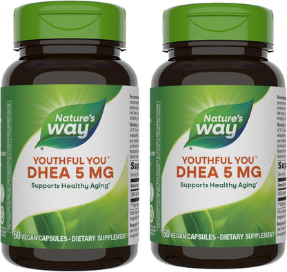 Nature's Way Youthful You DHEA 5 Mg, Supports Healthy Ageing & Hormone Production*, No Gluten, 60 Vegan Capsules (Packaging May Vary) - 2 Pack