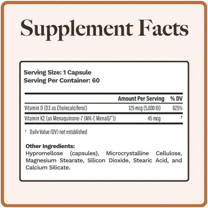 Utzy Naturals Vitamin K2 + D3 | High Strength K2 (MenaQ7) & D3 5000 IU | 60 Capsules