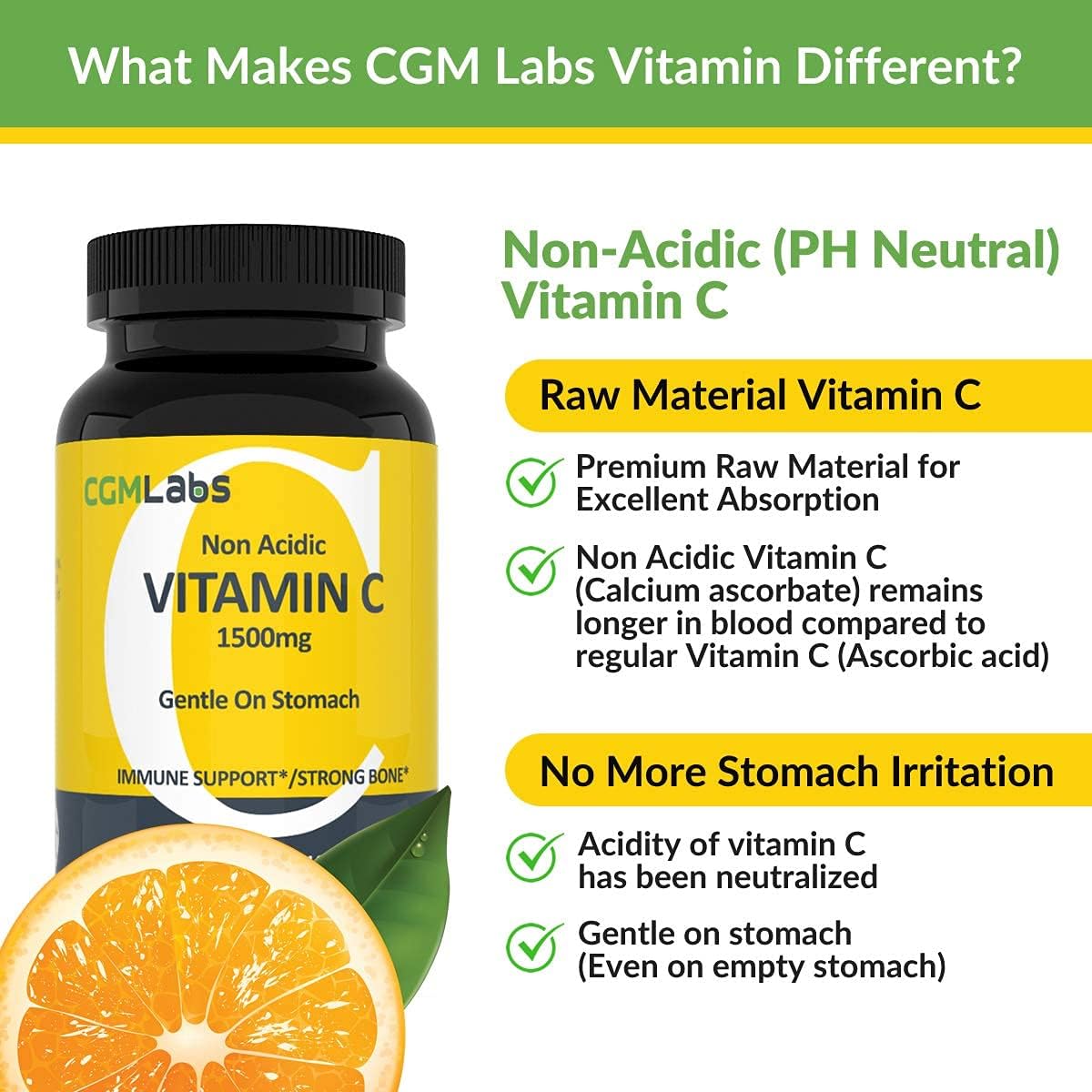Non Acidic Vitamin C Food Supplement 1500mg with Calcium - Gentle on Stomach, Immune/Bone Support - 100 Caps by CGM Labs - görsel 2
