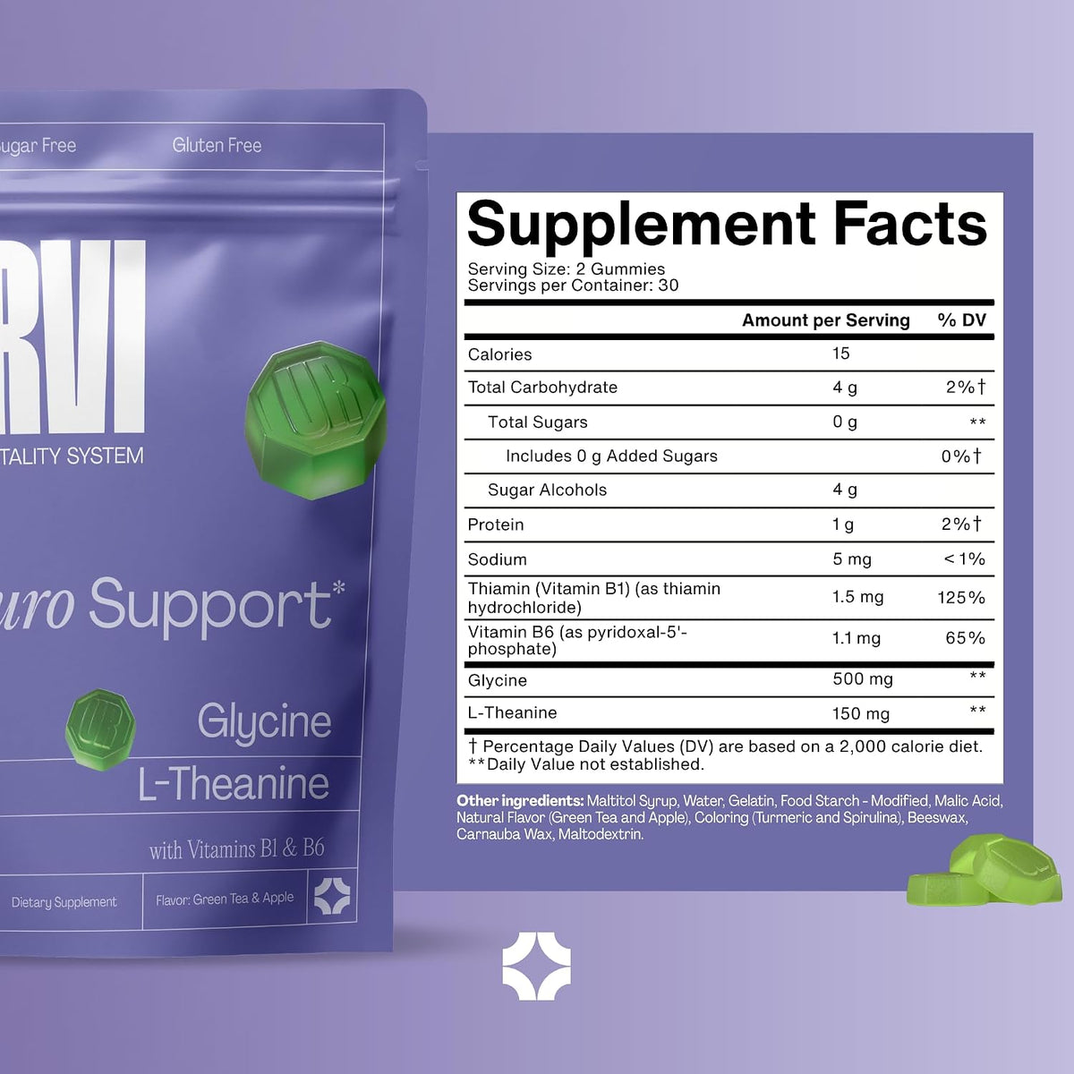 URVI Neuro Gummies – 500mg Glycine, 150mg L-Theanine, B1 & B6 for Relaxation & Sleep – Sugar-Free – 60 Count - görsel 9