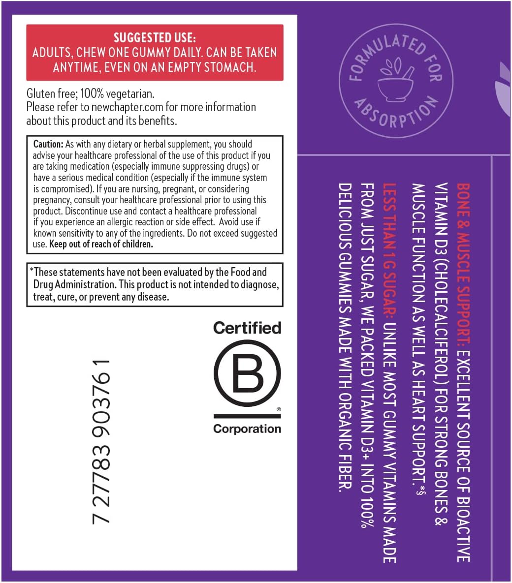 New Chapter Organic Vitamin D3+ Gummies – 52% Less Sugar, 1,000 IU, Mixed Berry, 60 Gummies - görsel 8