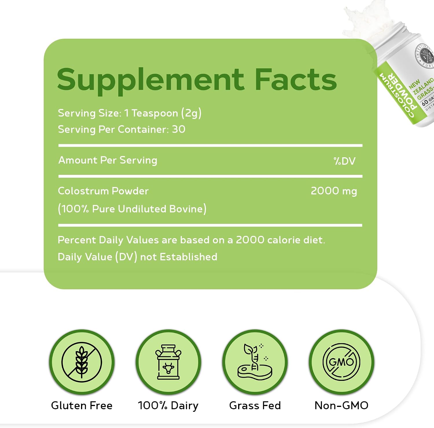 Intestinal Fortitude Grass-Fed New Zealand Colostrum Powder – 2000 mg per Serving, 60 g, Hormone & GMO Free, First-Milking Source - görsel 3