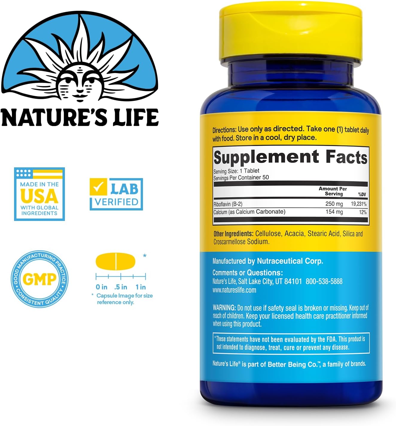 Nature's Life Vitamin B-2 250 mg - High Strength Riboflavin for Energy Metabolism Support - 50 Tablets - görsel 2