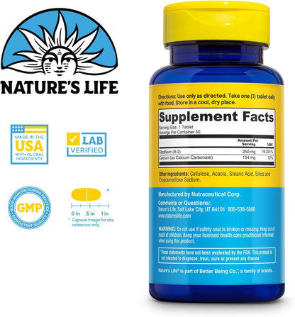 Nature's Life Vitamin B-2 250 mg - High Strength Riboflavin for Energy Metabolism Support - 50 Tablets