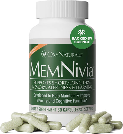 MemNivia Brain Supplements for Memory & Focus – Dual-Sage Stem Cell Formula with Cognivia®, Bacopa, Holy Basil & Ginger – 300 Capsules (5 Bottles)