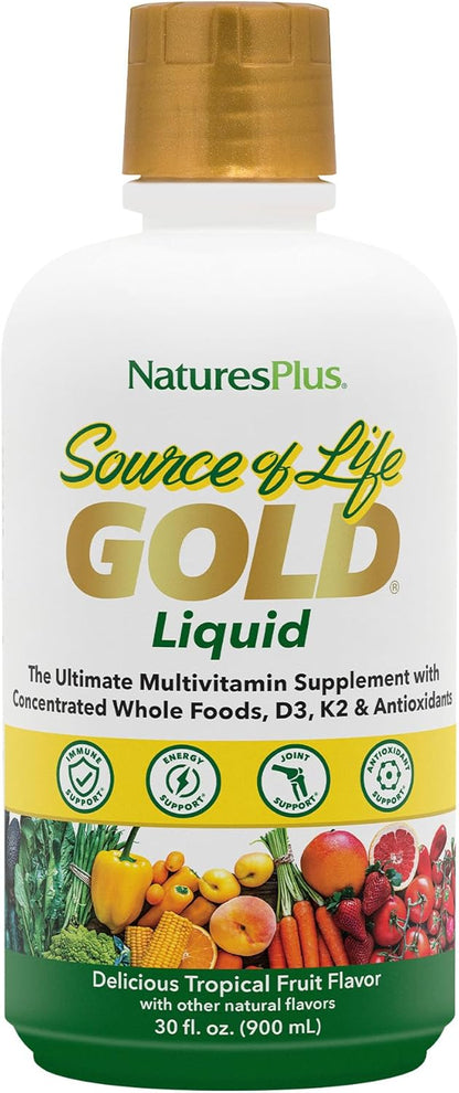 NaturesPlus Source of Life GOLD Multivitamin Liquid - 237 ml - With Vitamins D3, B12 & K2 - Blood, Bone & Immune Support - Vegetarian & Gluten-Free