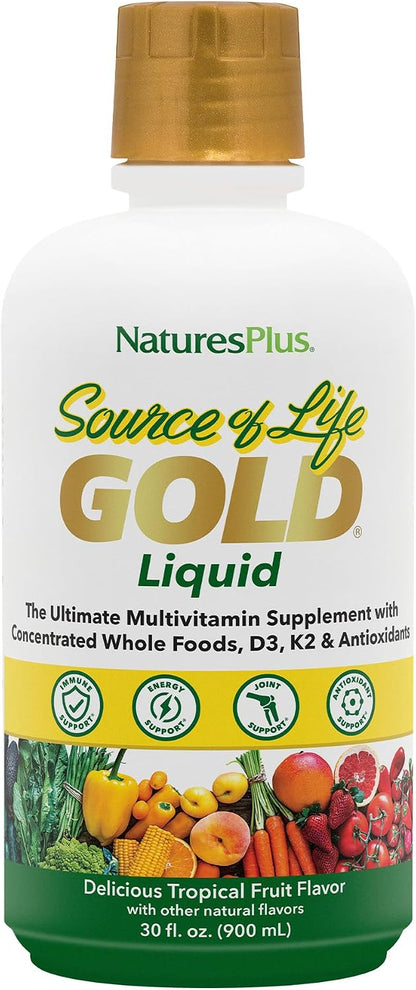 Nature's Plus Source of Life GOLD Multivitamin Liquid - 30 fl oz (887 ml) - With Vitamins D3, B12 & K2 - Vegetarian & Gluten Free