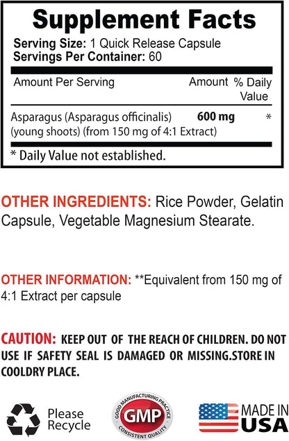 Asparagus Young Shoots Capsules - 600 mg Extract - Natural Diuretic and Antioxidant Supplement (120 Capsules)