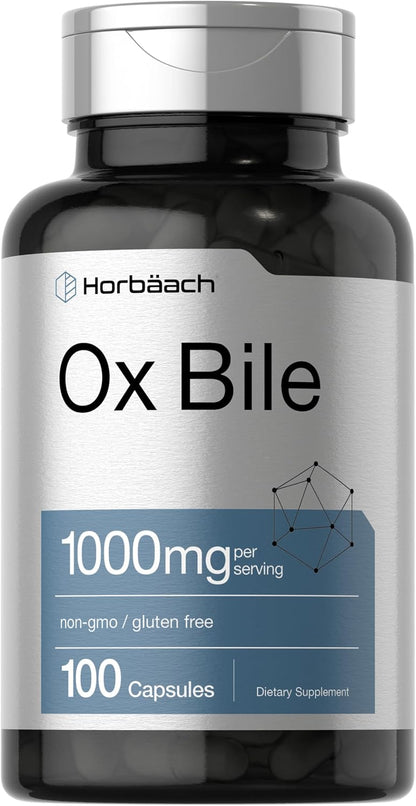 Horbäach Ox Bile Supplement | 1000mg | 100 Capsules | Digestive Enzymes | Non-GMO & Gluten-Free
