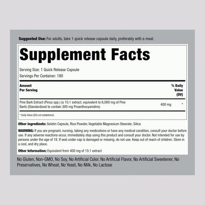 Piping Rock Pine Bark Extract Capsules | 180 Count | Standardised Herbal Supplement | Non-GM & Gluten-free