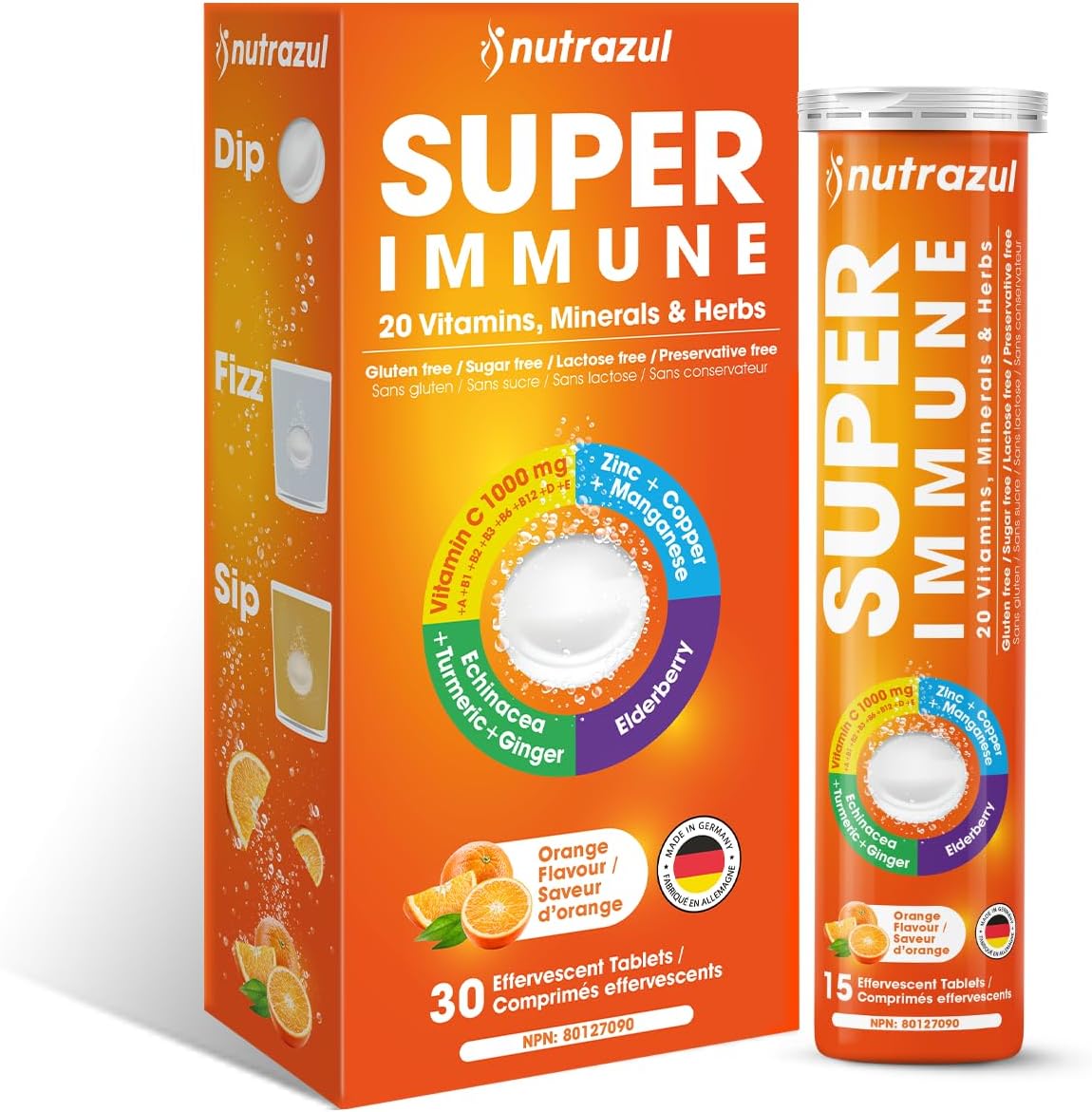 nutrazul Super Immune 30 Effervescent Tablets, 20 Vitamins & Minerals, Herbal Extracts to Support Daily Routine, Vitamin C, Zinc, Elderberry & Echinacea, Gluten-free, Sugar-Free, Orange Flavour - görsel 1
