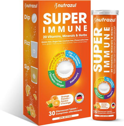 nutrazul Super Immune 30 Effervescent Tablets, 20 Vitamins & Minerals, Herbal Extracts to Support Daily Routine, Vitamin C, Zinc, Elderberry & Echinacea, Gluten-free, Sugar-Free, Orange Flavour