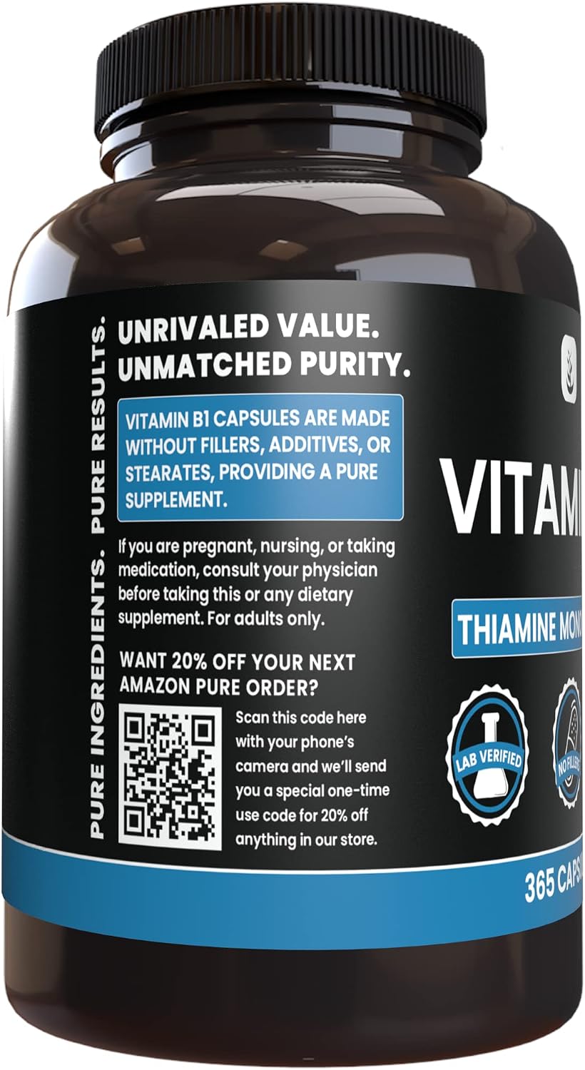 PURE ORIGINAL INGREDIENTS Vitamin B1 (Thiamine Mononitrate) (365 Capsules) No Magnesium or Rice Fillers, Always Pure, Laboratory Verified - görsel 2