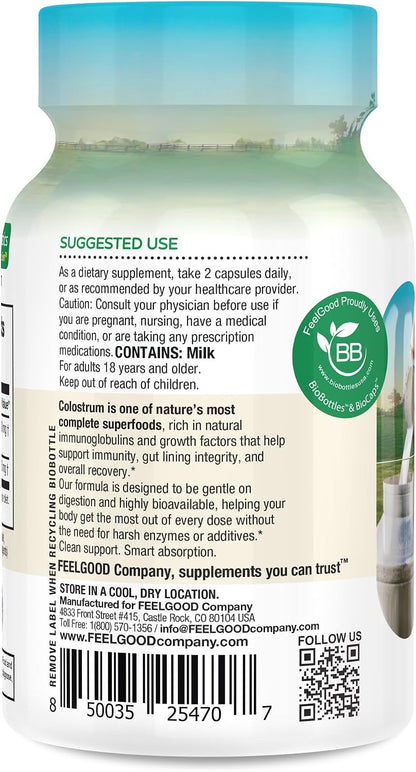 FeelGood Superfoods Bovine Colostrum Capsules – Gut Health and Immune Support – 2000mg Daily Serving – 60 Capsules