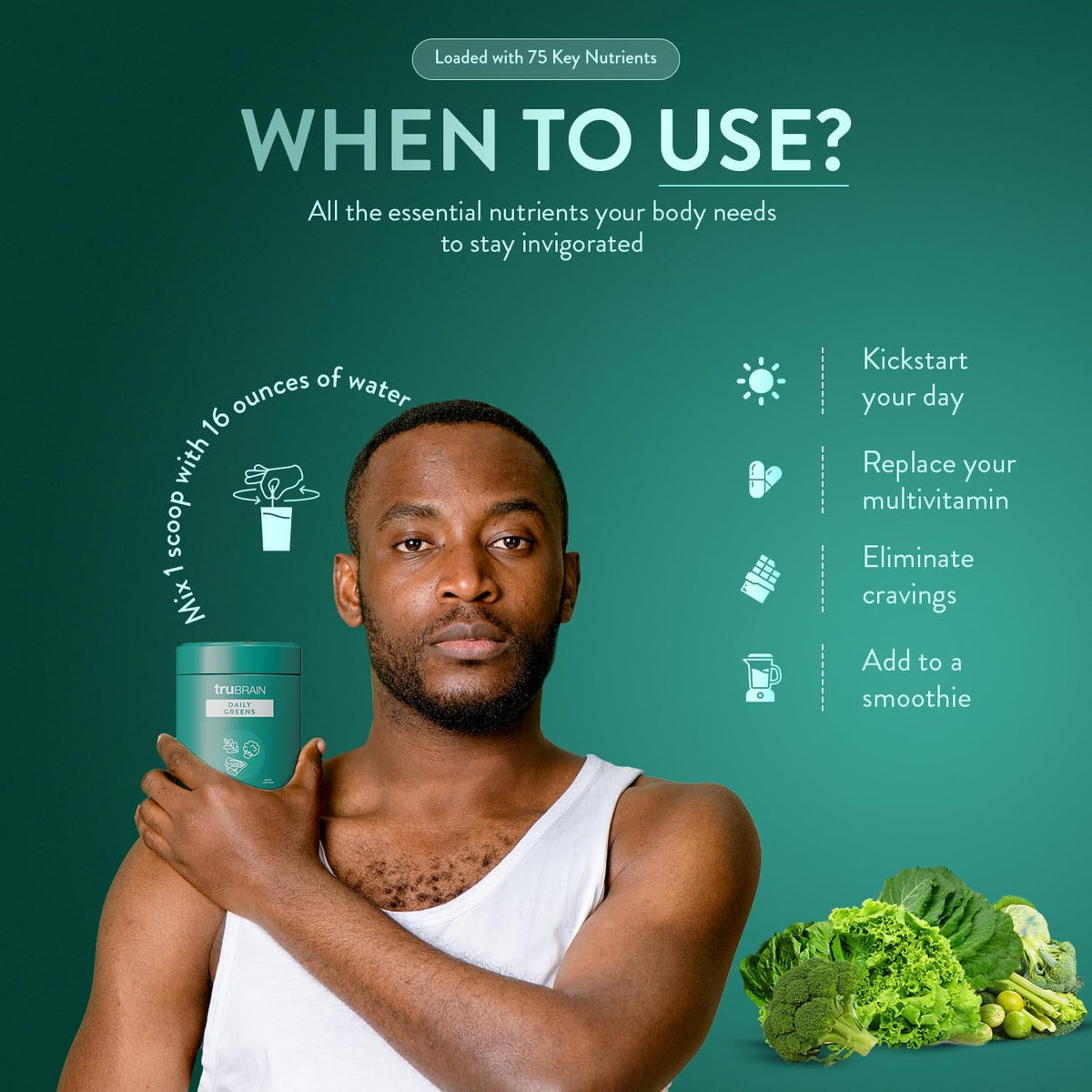 TruBrain Daily Greens: Sustained Brain Nourishment Powder - 75 Plant-Based Superfoods & Probiotics - görsel 5