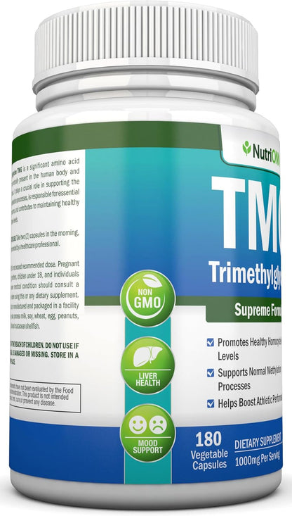 TMG Trimethylglycine Supplement - 1000mg - 180 Capsules - Pure Betaine Anhydrous - Non-GMO