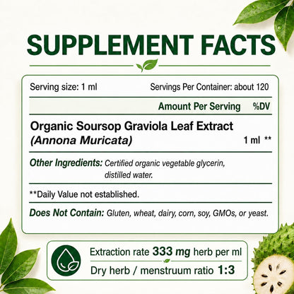 KingHealth Organic Soursop Graviola Leaf Extract Liquid Drops - Immune Support - GMP Certified, Vegan, Non-GMO, Gluten-free - 120 ml