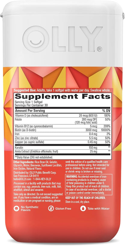 OLLY Ultra Strength Hair Softgels - Biotin, Keratin, Vitamin D & B12, 30 Softgels