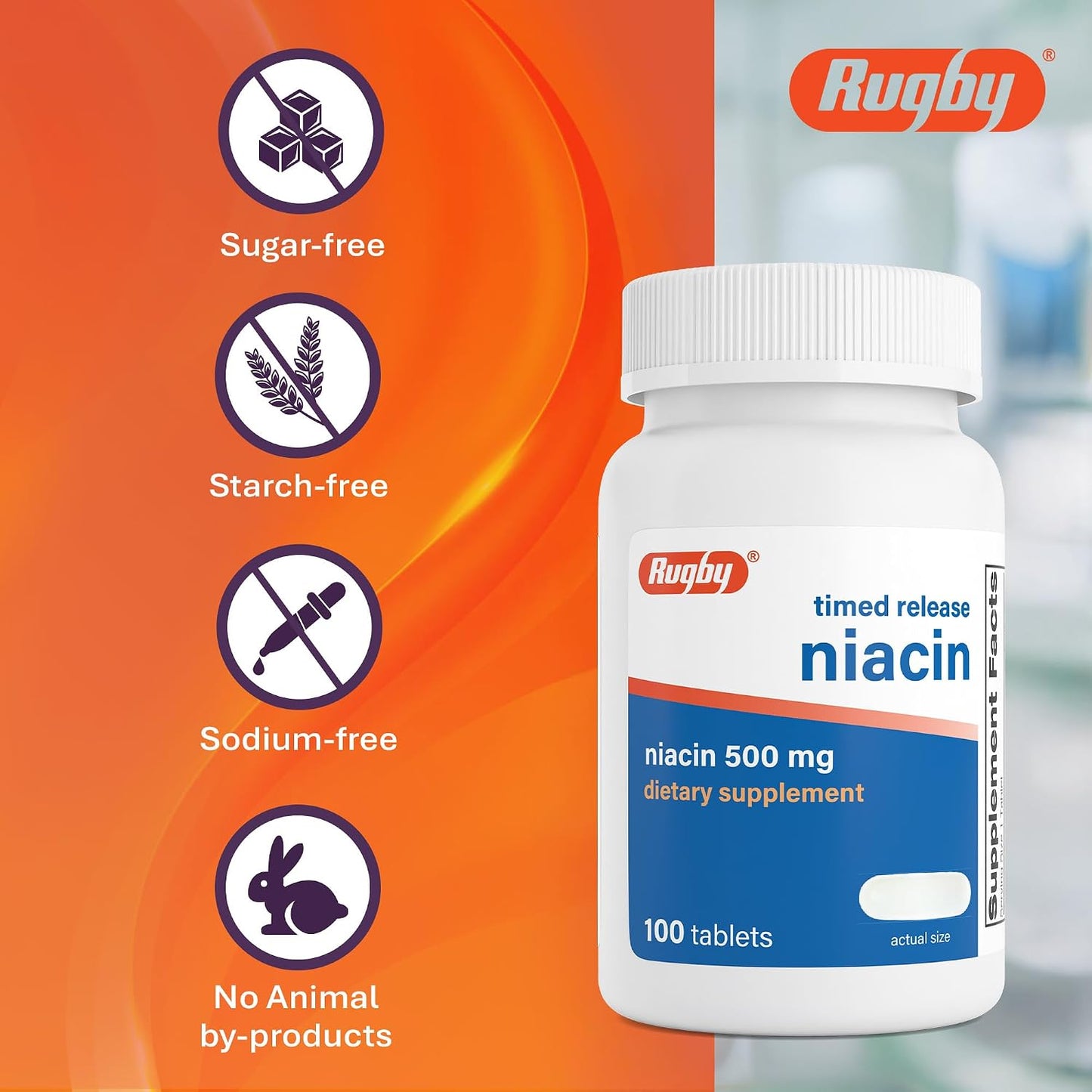 Rugby Timed-Release Niacin 500 mg with Calcium – Food Supplement for Energy and Metabolism support, 100 Tablets (3-Pack) - görsel 7