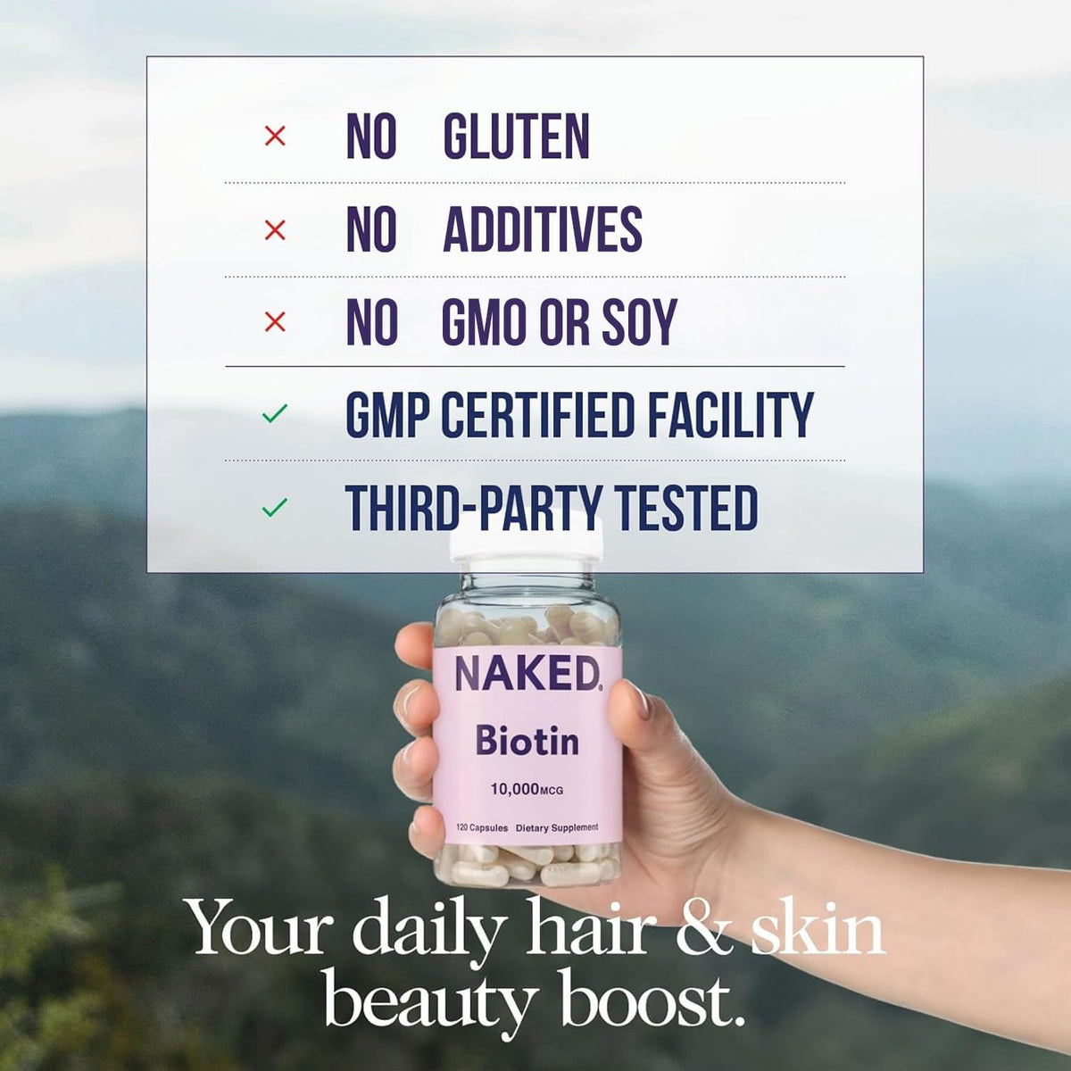 NAKED Biotin 10,000mcg – Max Strength Vitamin B7 Supplement for Healthy Hair, Skin & Nails – Non-GMO, Gluten-free, Vegan – 120 Capsules - görsel 2