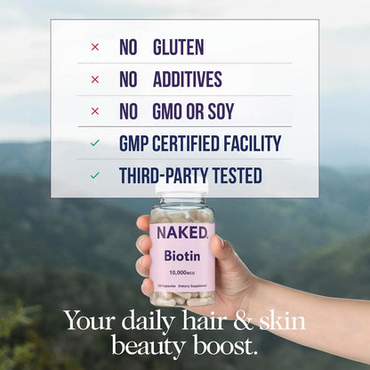 NAKED Biotin 10,000mcg – Max Strength Vitamin B7 Supplement for Healthy Hair, Skin & Nails – Non-GMO, Gluten-free, Vegan – 120 Capsules