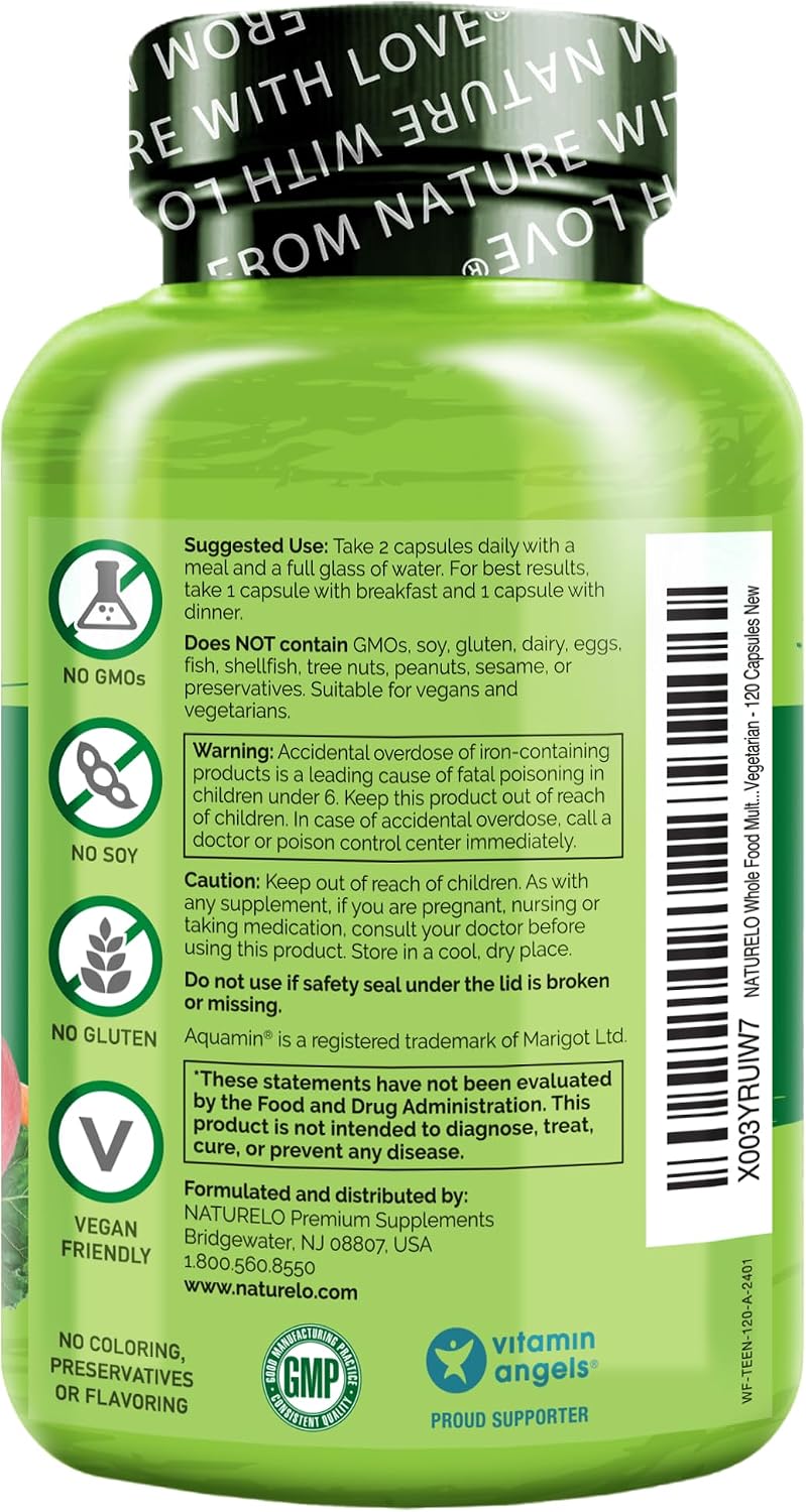 NATURELO Multivitamins for Teenage Girls & Boys, 120 Capsules, Whole Food Multivitamin with Minerals, Non-GMO, Vegetarian - görsel 7