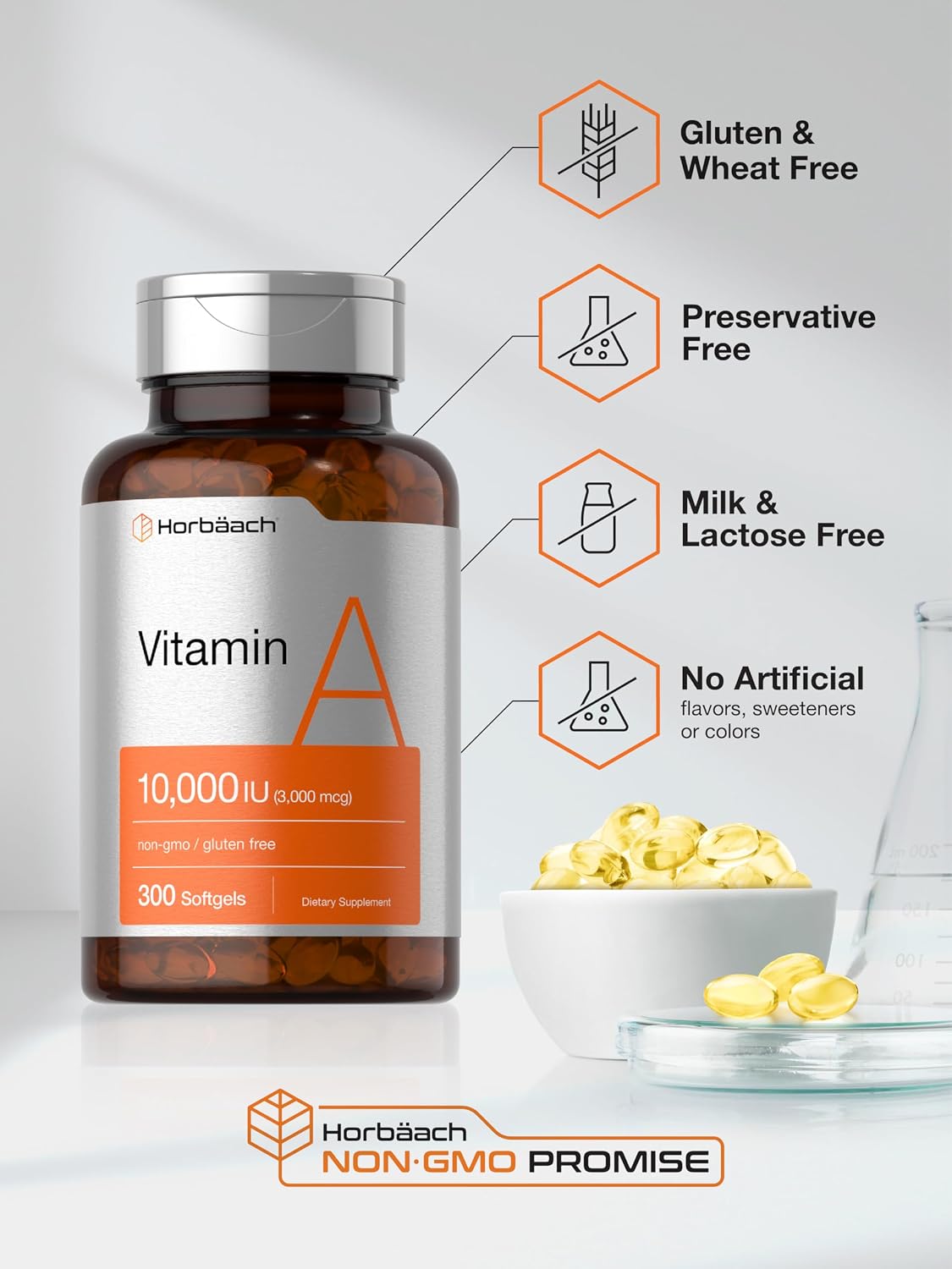 Horbäach Vitamin A 10,000 IU Softgels - 300 Count - Non-GM, Gluten-free Supplement - görsel 5