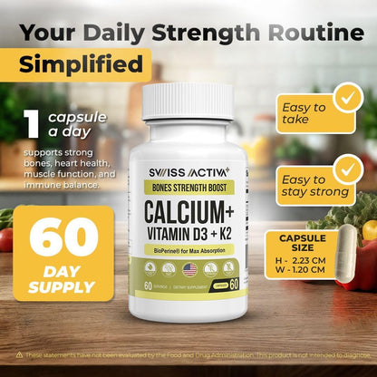Calcium with Vitamin D3 & K2 – Vegan, Non-GMO Bone and Teeth Support Supplement – 60-Day Supply