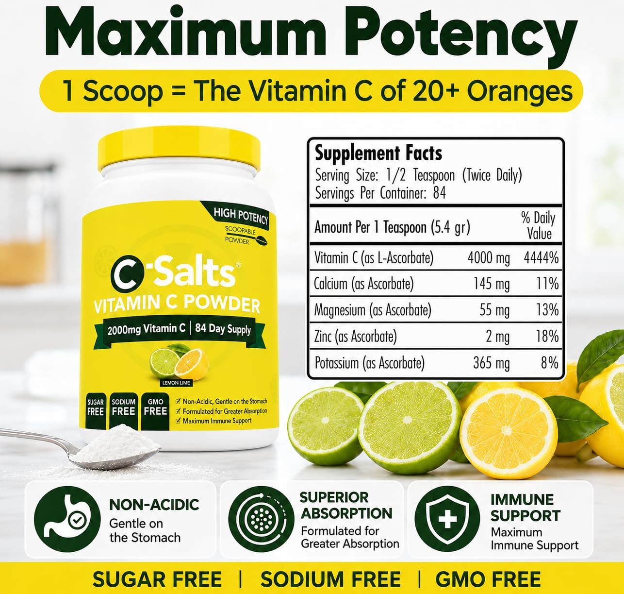 C-Salts Buffered Vitamin C Powder | Pure Organic, Stomach-Friendly Ascorbic Acid | Vegan, Non-GMO, Sugar Free | 84 Servings Lemon & Lime, 227 g - görsel 9