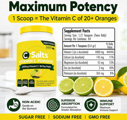 C-Salts Buffered Vitamin C Powder | Pure Organic, Stomach-Friendly Ascorbic Acid | Vegan, Non-GMO, Sugar Free | 84 Servings Lemon & Lime, 227 g